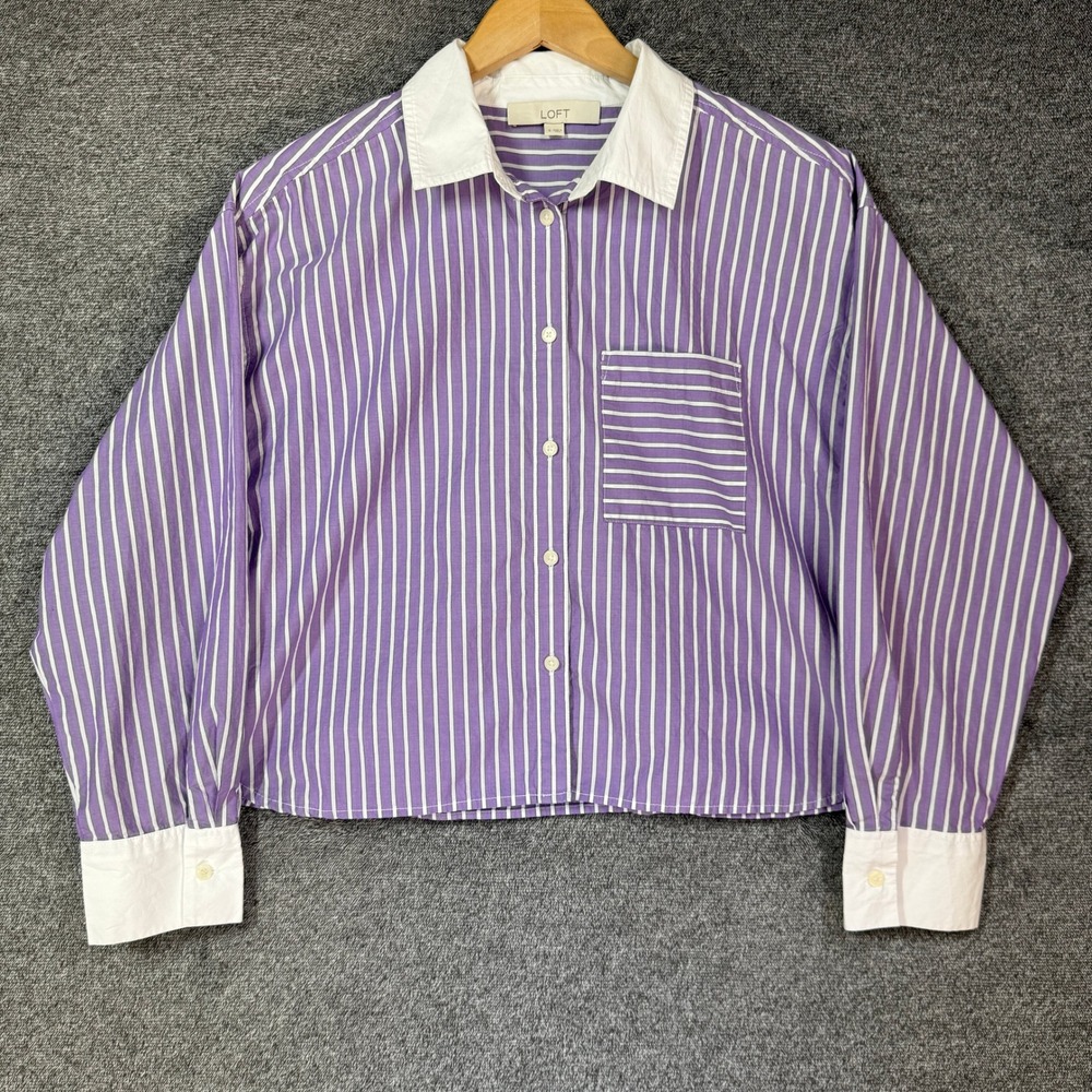 Loft Shirt Womens S Purple White Striped Button Down Cotton Contrast Collar